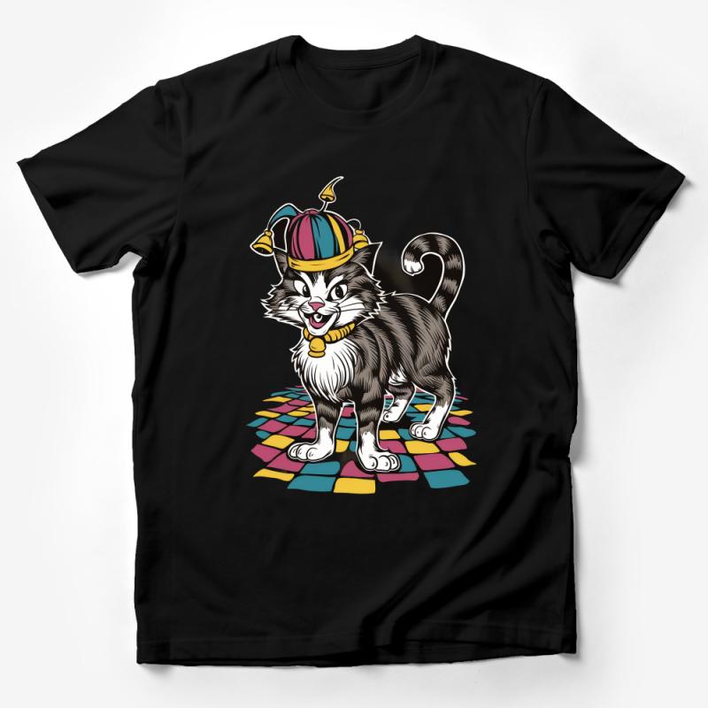 Whimsical Cat in Hat T-Shirt, Cute Feline with Jester Cap, Colorful Pet Fashion Tee, Animal Lover Gift, Playful Kitten Top, Unique Cat Shirt Design Male T-Shirt