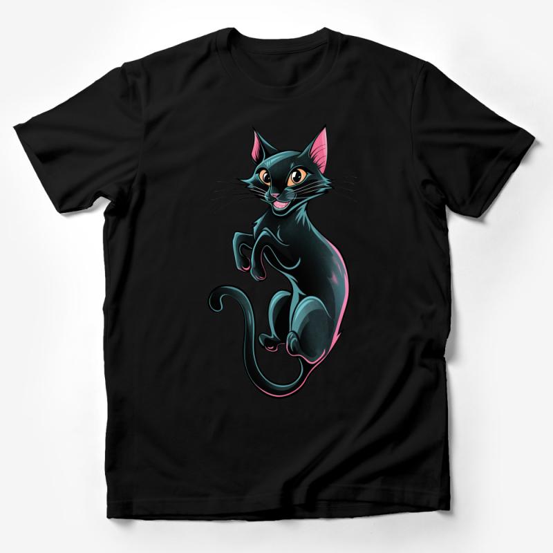 Black Cartoon Cat T-Shirt, Cute Feline Graphic Tee, Casual Cotton Shirt for Cat Lovers, Unisex Apparel Male T-Shirt