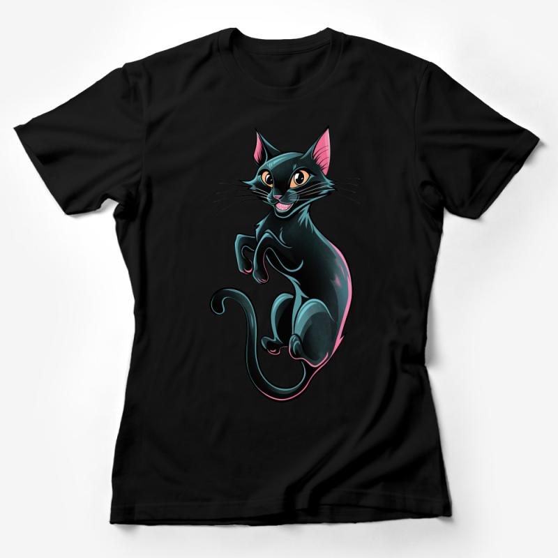 Black Cartoon Cat T-Shirt, Cute Feline Graphic Tee, Casual Cotton Shirt for Cat Lovers, Unisex Apparel Female T-Shirt