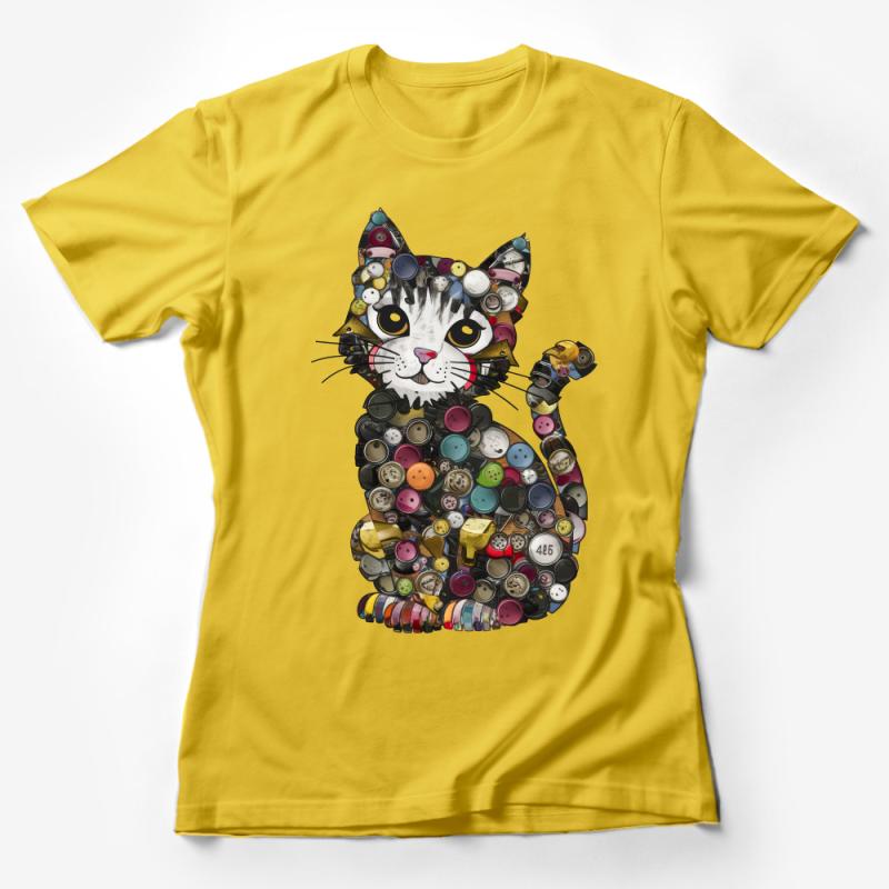 Unique Button Cat T-Shirt, Colorful Whimsical Cat Art Tee, Unisex Graphic Kitten Shirt, Gift for Cat Lover Female T-Shirt