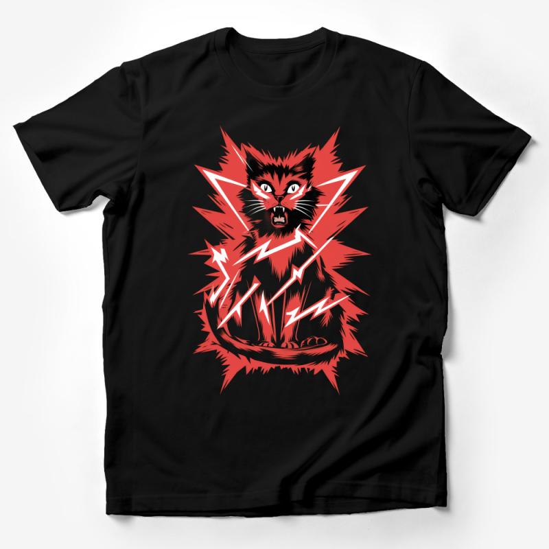 Fierce Cat Graphic Tee, Red and White Wildcat Design, Unisex T-Shirt, Casual Streetwear Top, Bold Animal Print Shirt, Urban Style Male T-Shirt