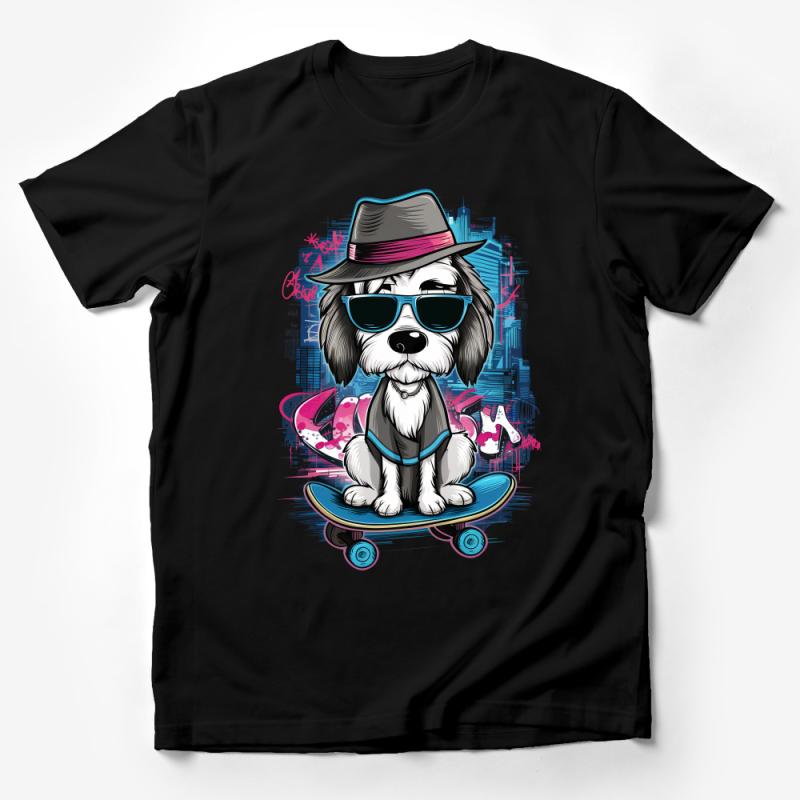 Hipster Dog T-Shirt, Cool Skateboarding Pup with Hat and Glasses, Urban Animal Graphic Tee, Unisex Clothing, Pet Lover Gift Male T-Shirt