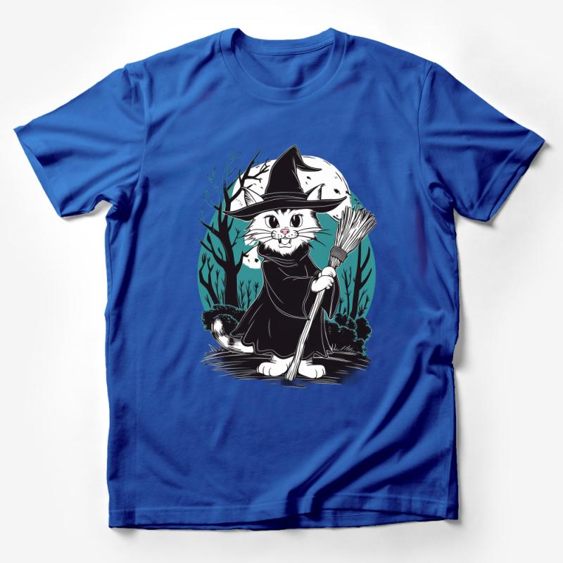 Cute Cat Witch T-Shirt, Halloween Kitty with Broom, Full Moon Magic, Women's Graphic Tee, Spooky Cat Lover Gift, Soft Cotton Shirt Male T-Shirt