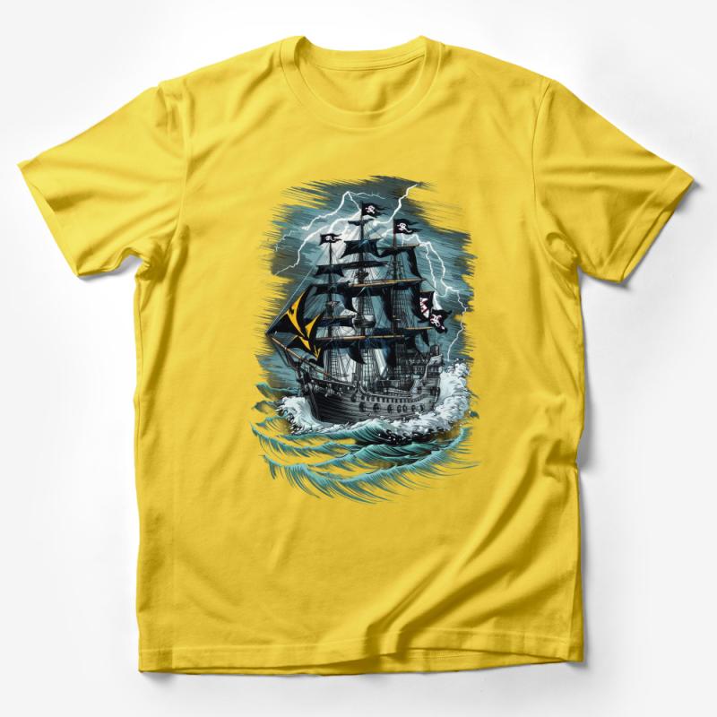 Pirate Ship Graphic T-Shirt, Nautical Ocean Adventure Tee, Stormy Seas Skull Sailboat Unisex Apparel Male T-Shirt