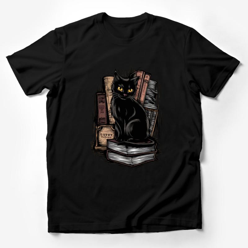 Black Cat Book Lover T-Shirt, Vintage Style Literary Cat Tee, Unisex Bibliophile Bookish Graphic Shirt, Gift for Readers Male T-Shirt