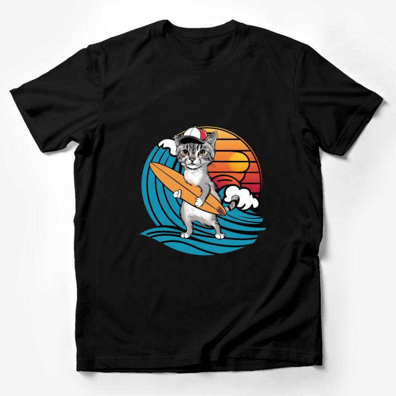 Surfer Cat T-Shirt, Cute Kitty Surfing Tee, Unisex Beach Lover Shirt, Casual Summer Outfit, Animal Graphic Tee, Gift for Cat Owners Male T-Shirt