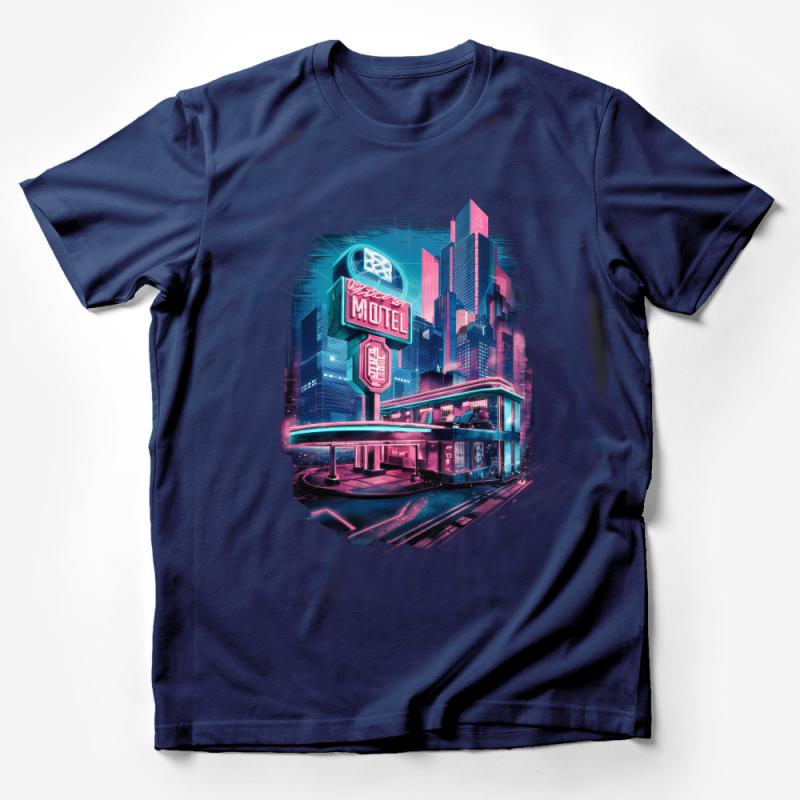 Cyberpunk Neon Motel T-Shirt, Urban Sci-Fi Art Tee, Retro Futuristic Cityscape Apparel for Men and Women Male T-Shirt