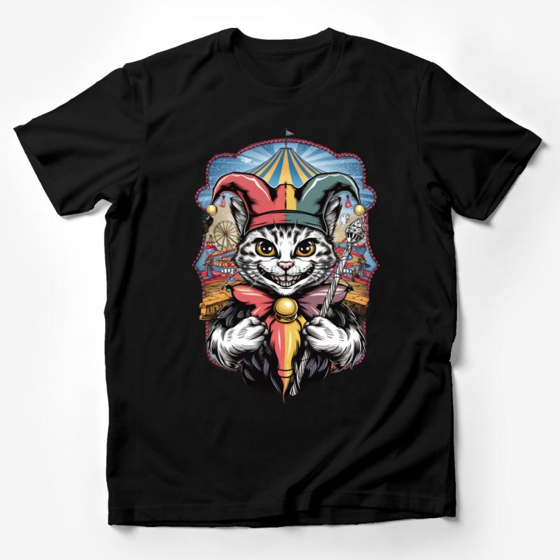 Whimsical Cat Jester T-Shirt, Carnival Amusement Park Graphic Tee, Quirky Animal Illustration, Unique Circus Theme Shirt Male T-Shirt