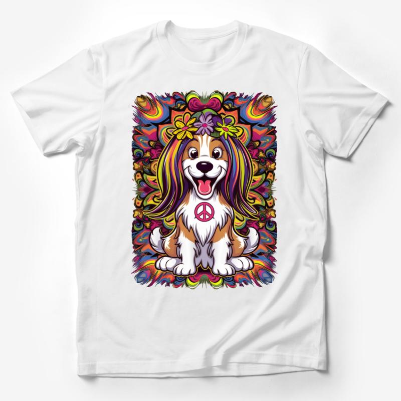 Hippie Dog T-Shirt, Colorful Floral Peace Sign Canine, Bohemian Pup Tee, Unisex Graphic Shirt, Vintage Inspired Dog Lover Gift Male T-Shirt