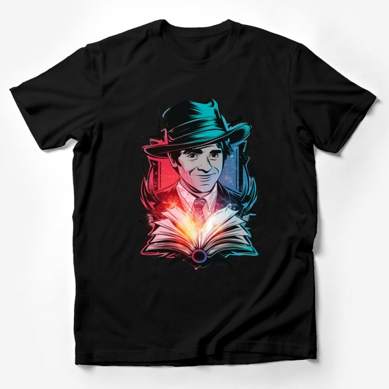 Vibrant Book Lover T-Shirt, Stylish Man with Hat and Open Book Graphic Tee, Unisex Male T-Shirt