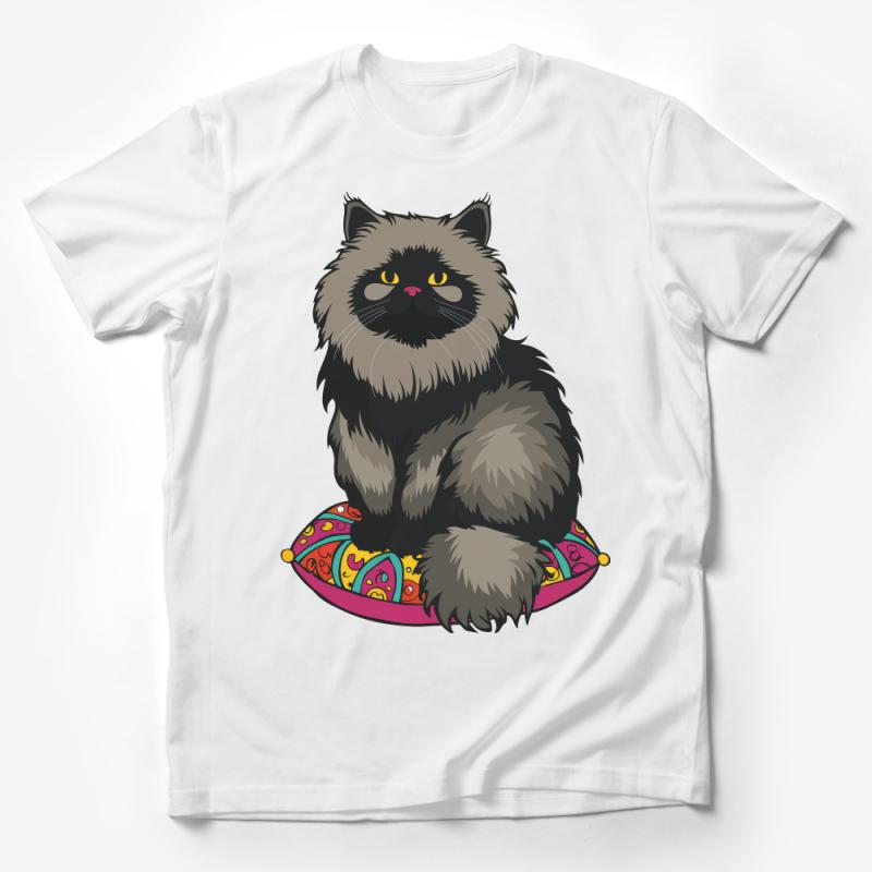 Cute Cat on Colorful Cushion T-Shirt, Fluffy Feline Graphic Tee, Animal Lover Gift, Casual Unisex Shirt Male T-Shirt