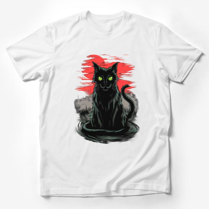 Black Cat T-Shirt with Red Moon, Graphic Tee for Cat Lovers, Unisex Cotton Shirt, Unique Animal Illustration Top, Halloween Style Apparel Male T-Shirt