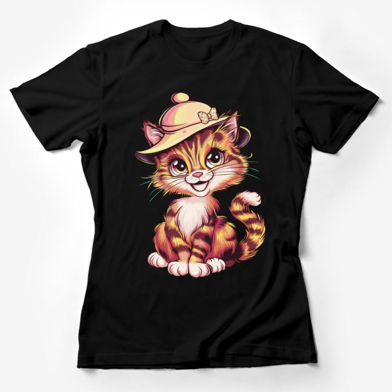 Cute Cartoon Cat T-Shirt, Adorable Kitty with Hat, Unisex Kids and Adult Tee, Fun Animal Graphic Top, Casual Wear, Gift for Pet Lovers Female T-Shirt