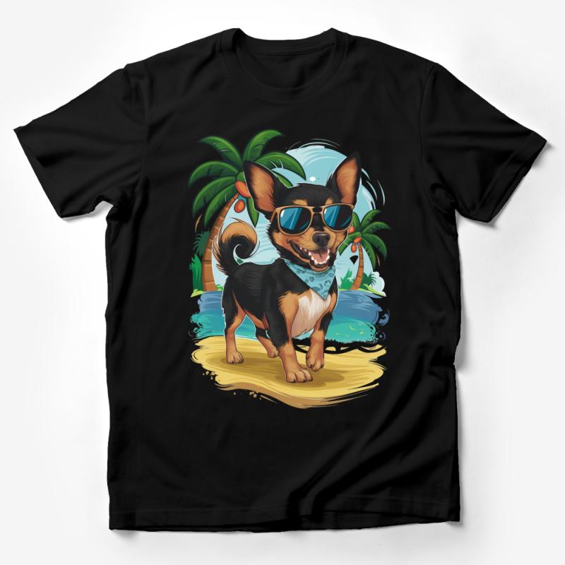 Tropical Dog T-Shirt, Beach Palm Trees Graphic Tee, Cute Chihuahua with Sunglasses, Summer Vacation Dog Lovers Shirt, Unisex Fashion Male T-Shirt