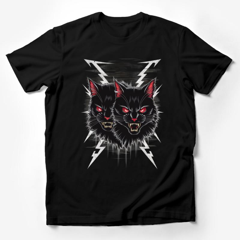 Men's Black Twin Cats Graphic Tee, Red-Eyed Feline Design, Urban Streetwear T-Shirt, Edgy Animal Print Top Male T-Shirt