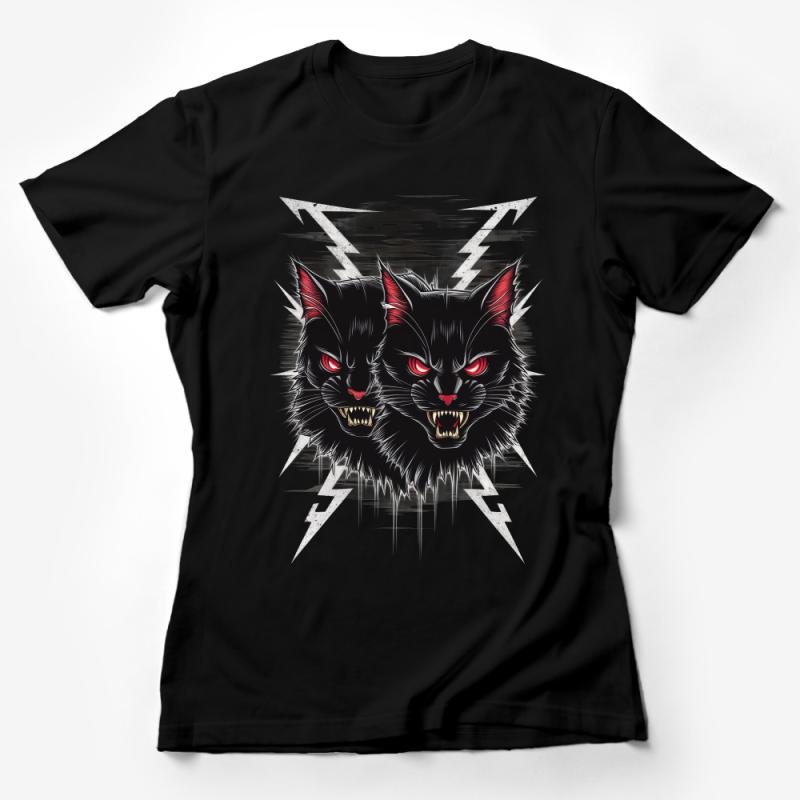 Men's Black Twin Cats Graphic Tee, Red-Eyed Feline Design, Urban Streetwear T-Shirt, Edgy Animal Print Top Female T-Shirt