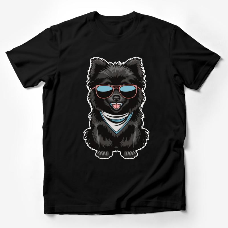 Cute Black Fluffy Dog T-Shirt, Funny Pomeranian with Sunglasses, Casual Unisex Tee, Hipster Dog Lover Gift, Pet Illustration Top Male T-Shirt