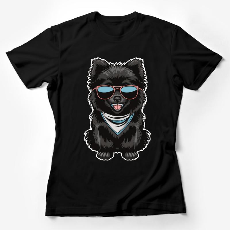 Cute Black Fluffy Dog T-Shirt, Funny Pomeranian with Sunglasses, Casual Unisex Tee, Hipster Dog Lover Gift, Pet Illustration Top Female T-Shirt