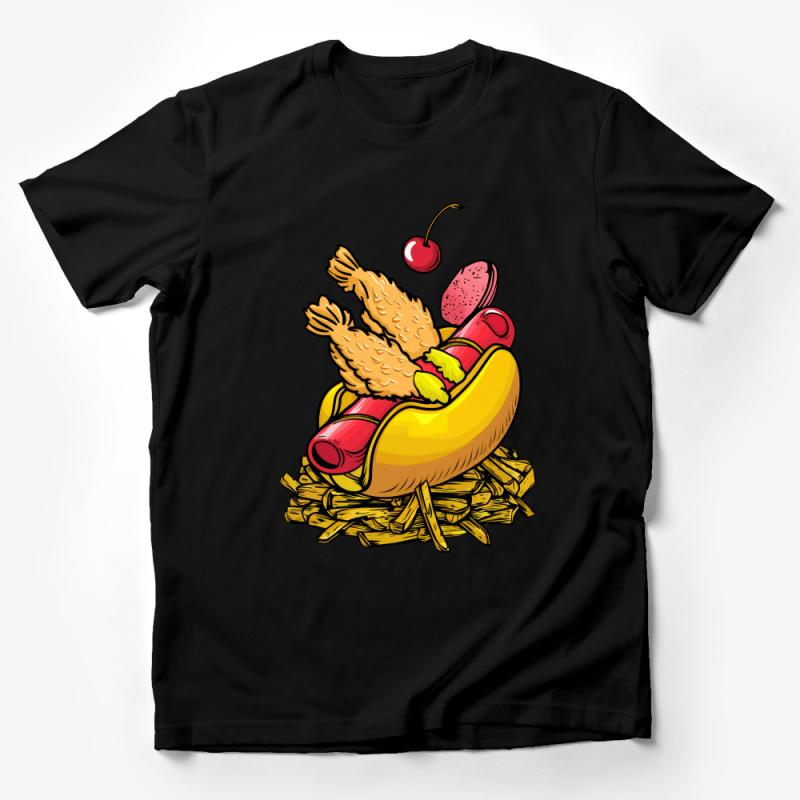 Funky Foodie Graphic Tee, Quirky Hot Dog Illustration T-Shirt, Unisex Comfort Fit, Colorful Fast Food Shirt Male T-Shirt