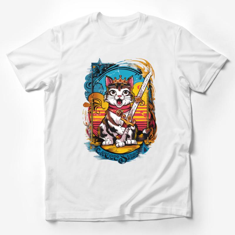 Whimsical Cat Knight T-Shirt, Cute Fantasy Cat with Sword Tee, Vibrant Colorful Feline Warrior Shirt, Unisex Cat Lover Gift Top Male T-Shirt