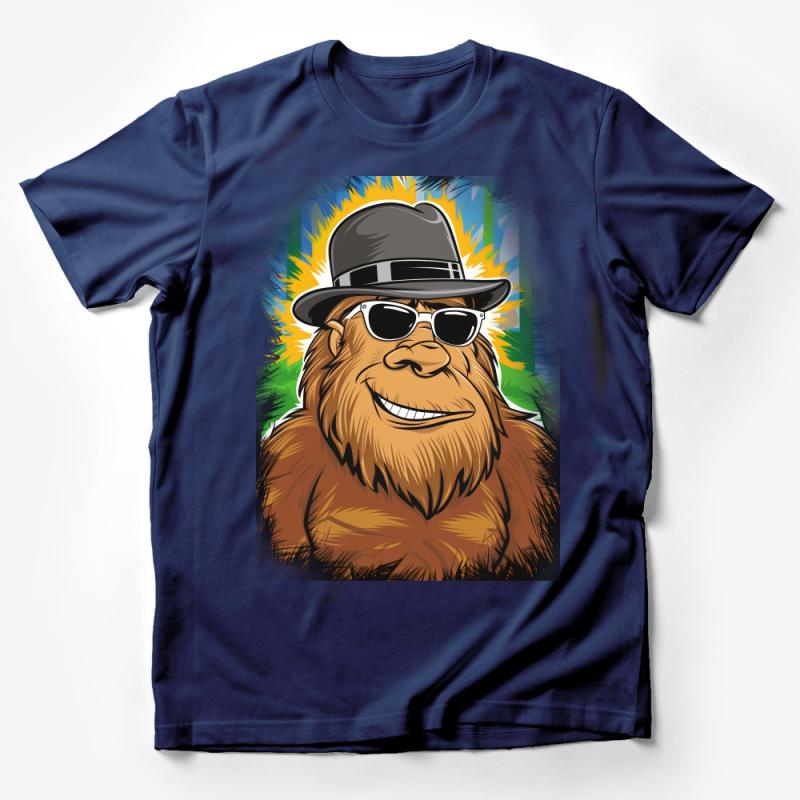 Cool Sunglasses Bigfoot Graphic Tee, Funny Sasquatch T-Shirt with Hat, Unique Hairy Creature Shirt, Funky Sunburst Mythical Being Top Male T-Shirt