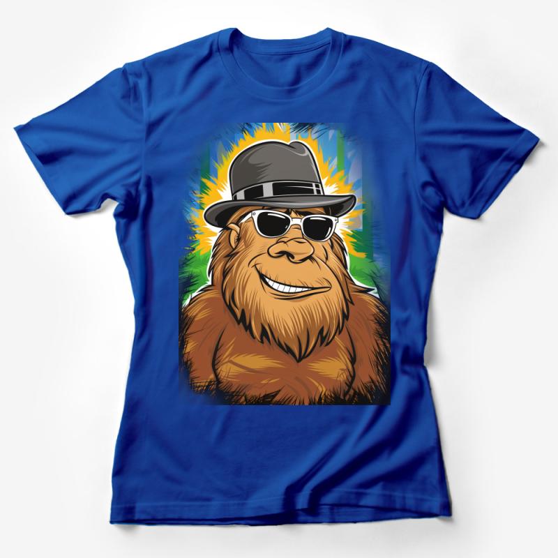 Cool Sunglasses Bigfoot Graphic Tee, Funny Sasquatch T-Shirt with Hat, Unique Hairy Creature Shirt, Funky Sunburst Mythical Being Top Female T-Shirt