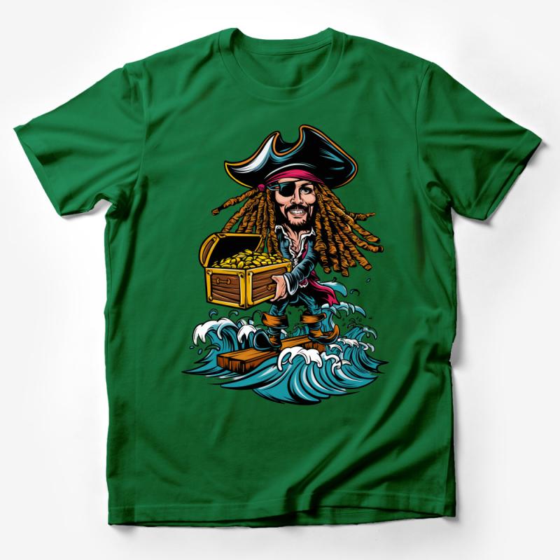 Pirate Treasure Chest Graphic T-Shirt, Nautical Ocean Waves Men's Tee, Bold Illustration Cotton Shirt, Unique Pirate-Themed Apparel Male T-Shirt