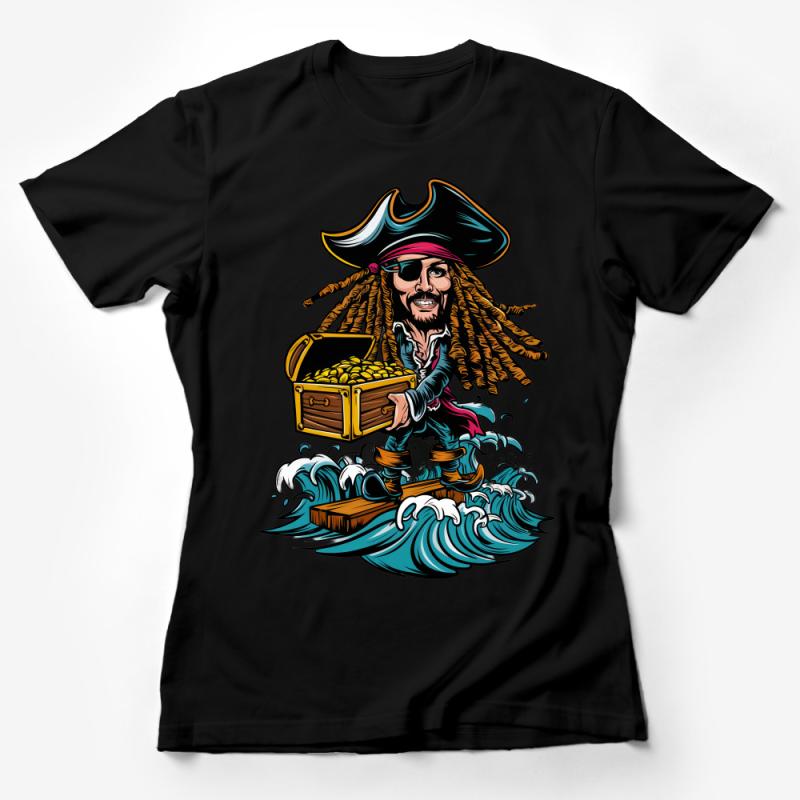 Pirate Treasure Chest Graphic T-Shirt, Nautical Ocean Waves Men's Tee, Bold Illustration Cotton Shirt, Unique Pirate-Themed Apparel Female T-Shirt