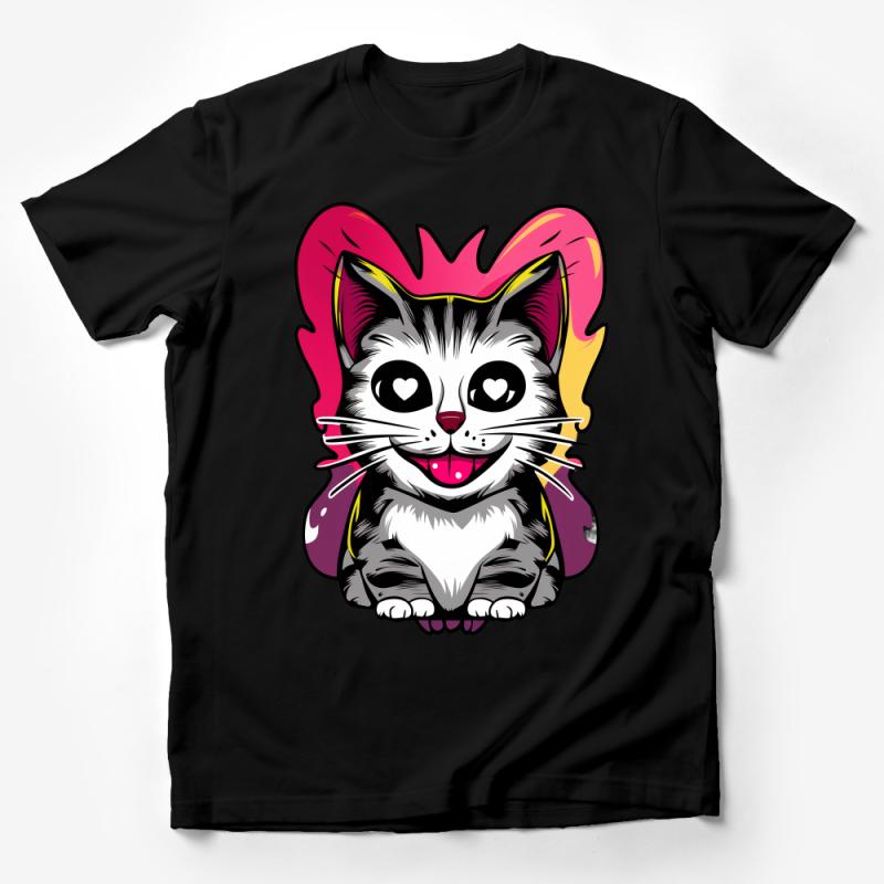 Cute Cat T-Shirt with Crown, Colorful Kitten Tee, Heart Eyes, Animal Lover Gift, Unisex Shirt, Casual Graphic Top, Pet Owner Clothing Male T-Shirt