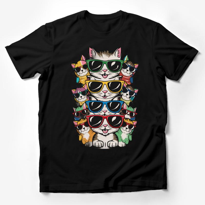 Colorful Cat Stack T-Shirt, Cute Cat Lover Tee, Sunglasses Cats Funny Shirt, Trendy Animal Graphic Tee for All Ages Male T-Shirt