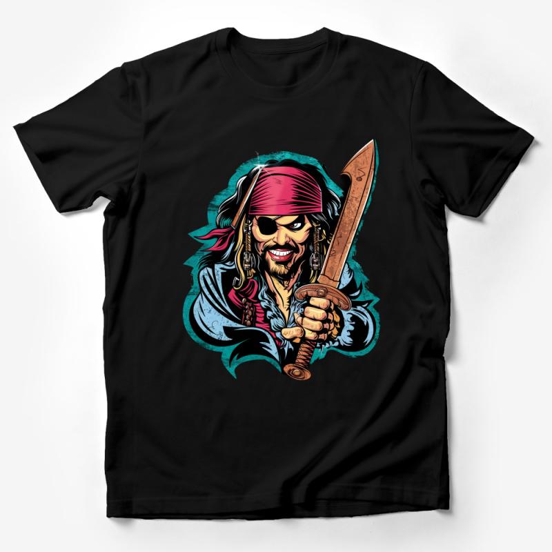 Pirate Graphic Tee, Bold Cartoon Pirate with Sword, Men's Adventure T-Shirt, Unique Pirate Party Top, Gift for Pirate Fans Male T-Shirt