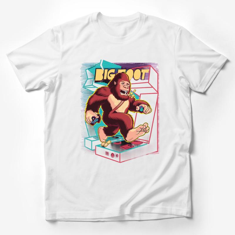 Retro Bigfoot Gamer T-Shirt, Vintage Arcade Gaming Sasquatch Tee, Fun Mythical Creature Shirt, 80s Nostalgia Graphic Top, Unisex Male T-Shirt