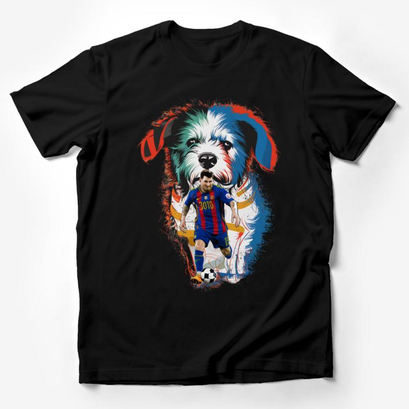 Colorful Dog Soccer Player T-Shirt, Fun Animal Sports Tee, Unisex Football Graphic Shirt, Gift for Soccer Fans, Pet Lover Apparel Male T-Shirt