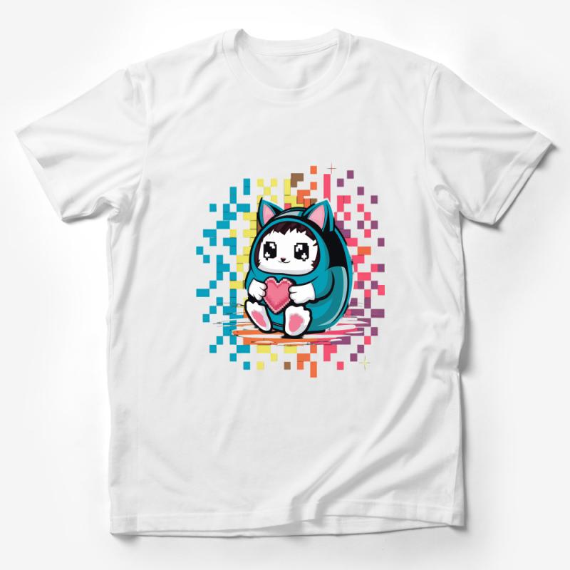 Cute Cat T-Shirt, Kawaii Kitty with Heart, Pixel Art, Retro Gamer Aesthetic Tee, Men's Women's Unisex Shirt, Gift for Cat Lovers Male T-Shirt