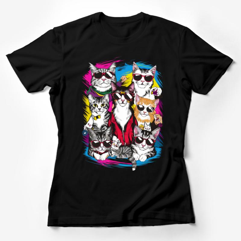 Cool Cats in Sunglasses T-Shirt, Colorful Cat Lover Tee, Fun Feline Fashion, Unique Pet Owner Gift Female T-Shirt