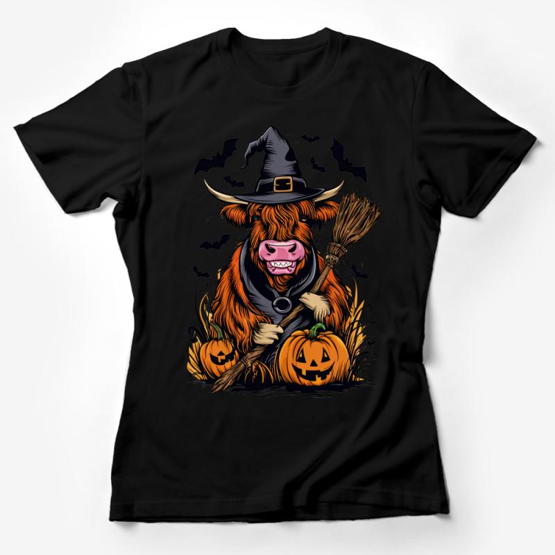 Halloween Highland Cow T-Shirt, Witchy Bovine Graphic Tee, Spooky Bat Pumpkin Shirt for Fall Festivities Female T-Shirt