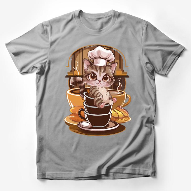 Cute Cat Chef T-Shirt, Kitten in Coffee Cup Graphic Tee, Cat Lover Gift, Unisex Kitchen Theme Shirt, Whimsical Pet Clothing Male T-Shirt