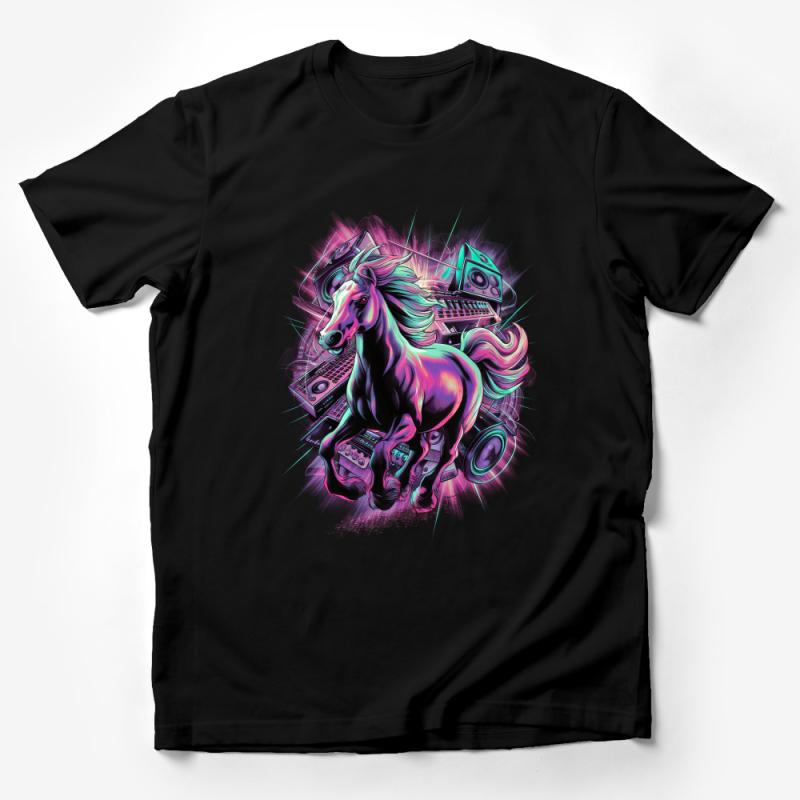 Retro Music Horse T-Shirt, Neon Colors DJ Animal, Vintage Style Unisex Tee, Music Lover Gift, EDM Festival Clothing, Unique Graphic Shirt Male T-Shirt