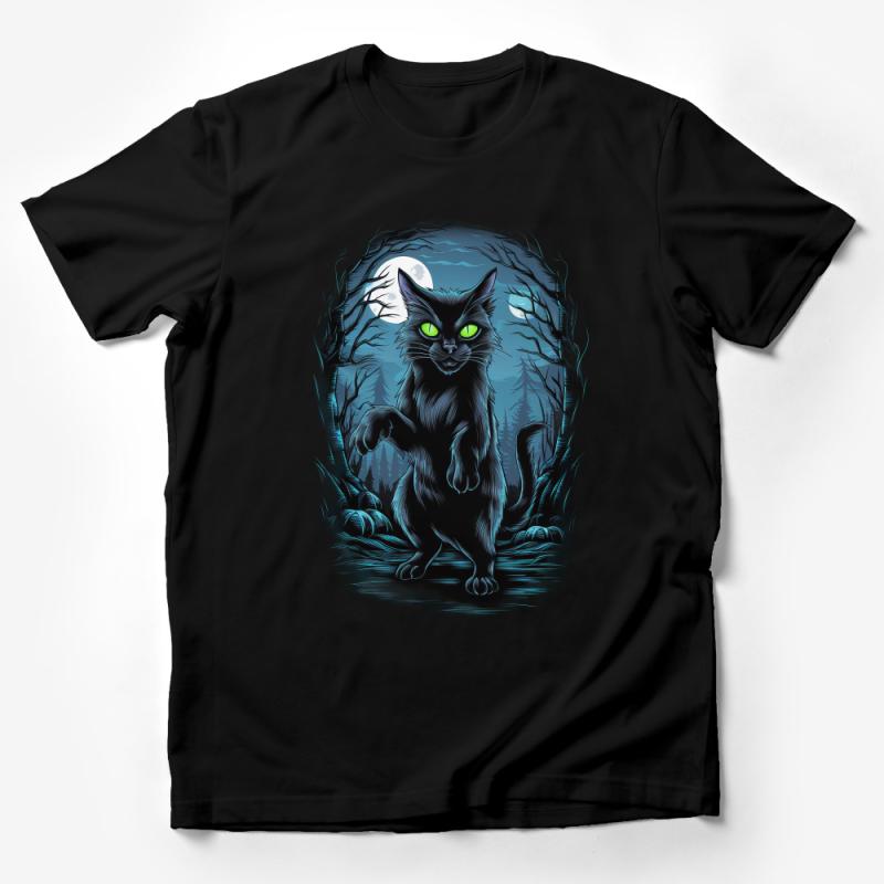 Spooky Black Cat T-Shirt, Halloween Full Moon Tee, Creepy Feline Graphic Shirt, Mystical Cat Lover Gift, Unisex Male T-Shirt