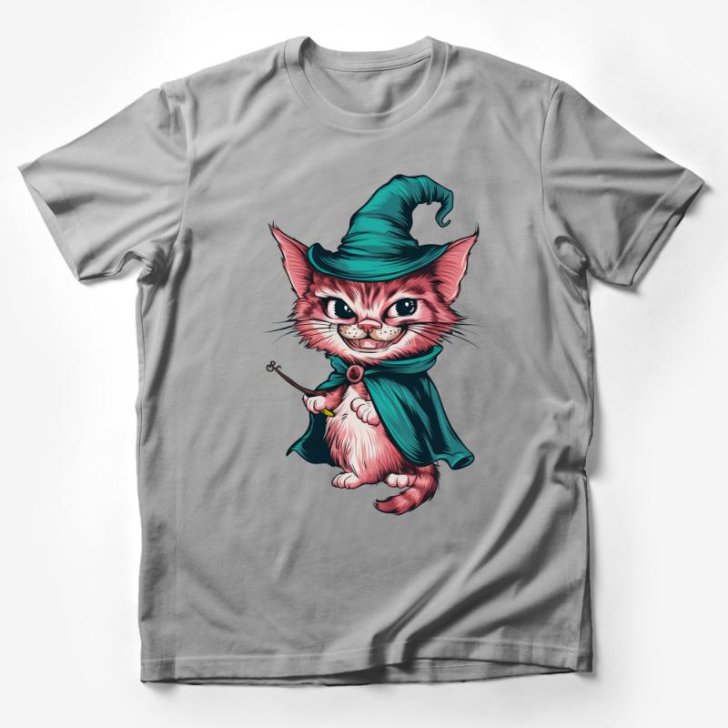 Whimsical Wizard Cat T-Shirt, Cute Magical Kitten Tee, Fantasy Animal with Wand, Unique Gift for Cat Lovers, Unisex Apparel Male T-Shirt