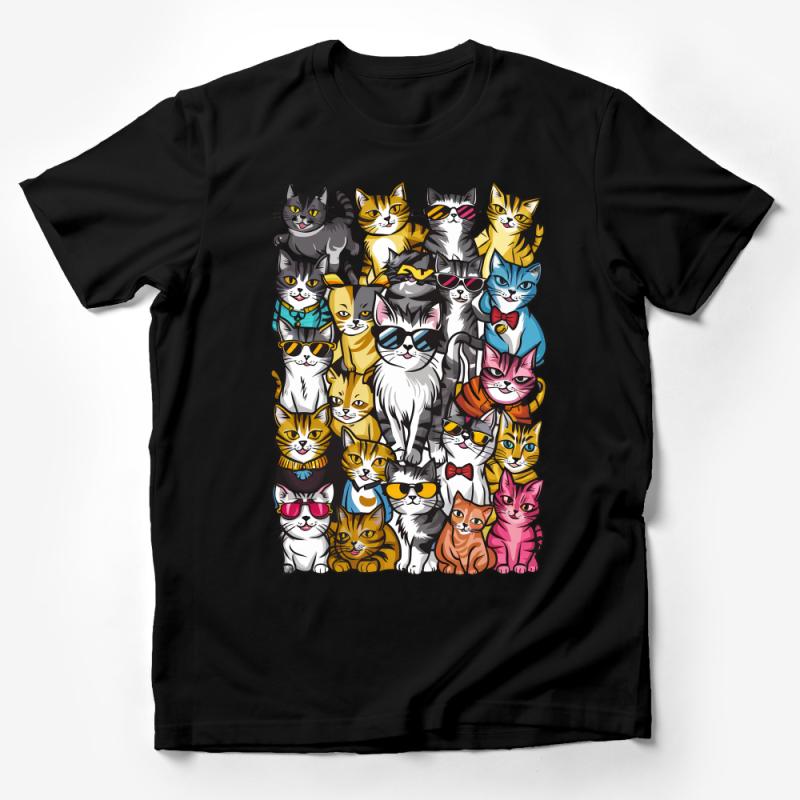 Colorful Cat Print T-Shirt, Funny Cats with Glasses and Bow Ties, Cute Feline Fashion, Unisex Tee Male T-Shirt