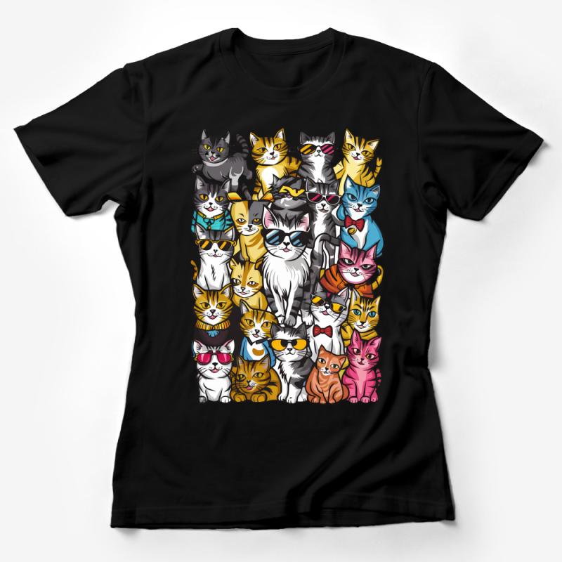 Colorful Cat Print T-Shirt, Funny Cats with Glasses and Bow Ties, Cute Feline Fashion, Unisex Tee Female T-Shirt