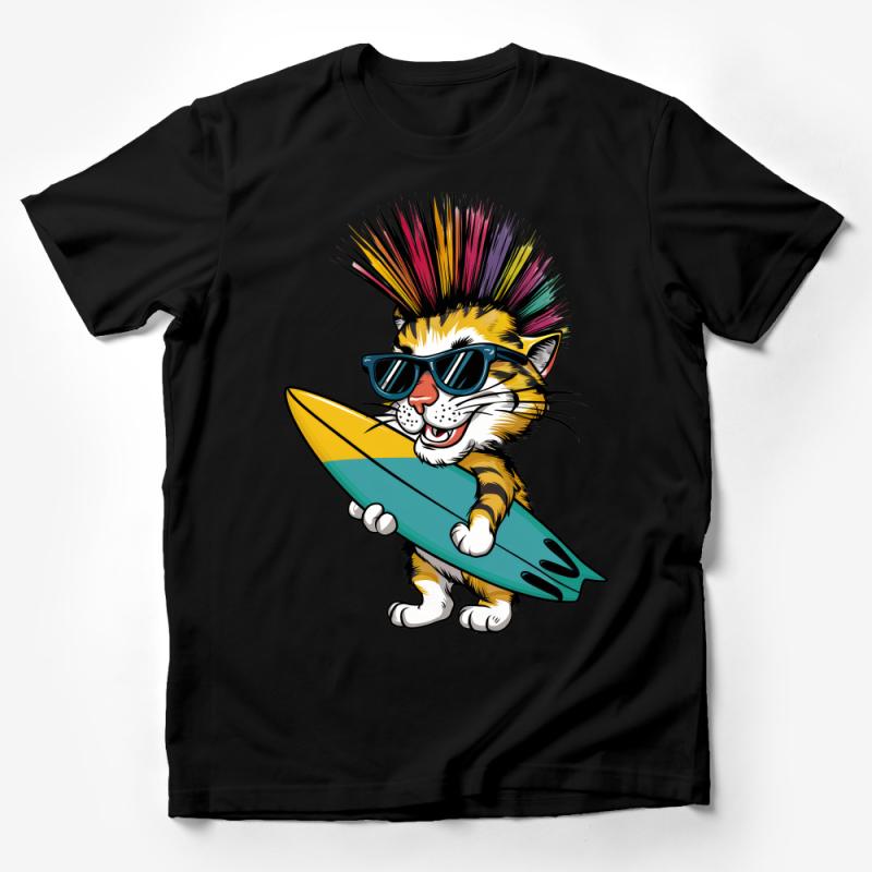 Cool Cat T-Shirt, Surfing Kitty with Rainbow Mohawk, Hipster Cat Tee, Summer Beach Fashion, Unisex Graphic Shirt Male T-Shirt