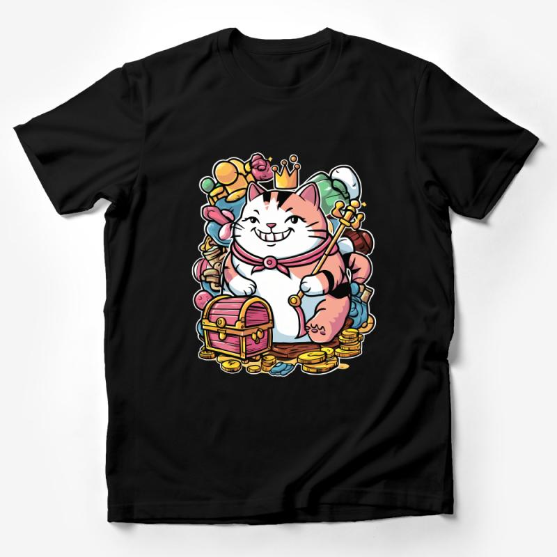 Cute Lucky Cat T-Shirt, Maneki Neko with Treasure, Gold Coins and Crown Tee, Cartoon Cat Lover Shirt, Unisex Graphic Tee Male T-Shirt