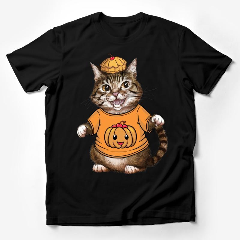 Cute Cat T-Shirt with Pumpkin Pie Hat, Whimsical Kitty Graphic Tee, Fall Festive Cat Lover's Apparel Male T-Shirt