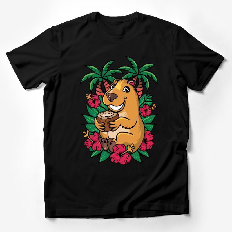 Tropical Capybara T-Shirt, Cute Animal with Coconut, Palm Trees Graphic Tee, Unisex Summer Vacation Shirt, Animal Lovers Gift Male T-Shirt