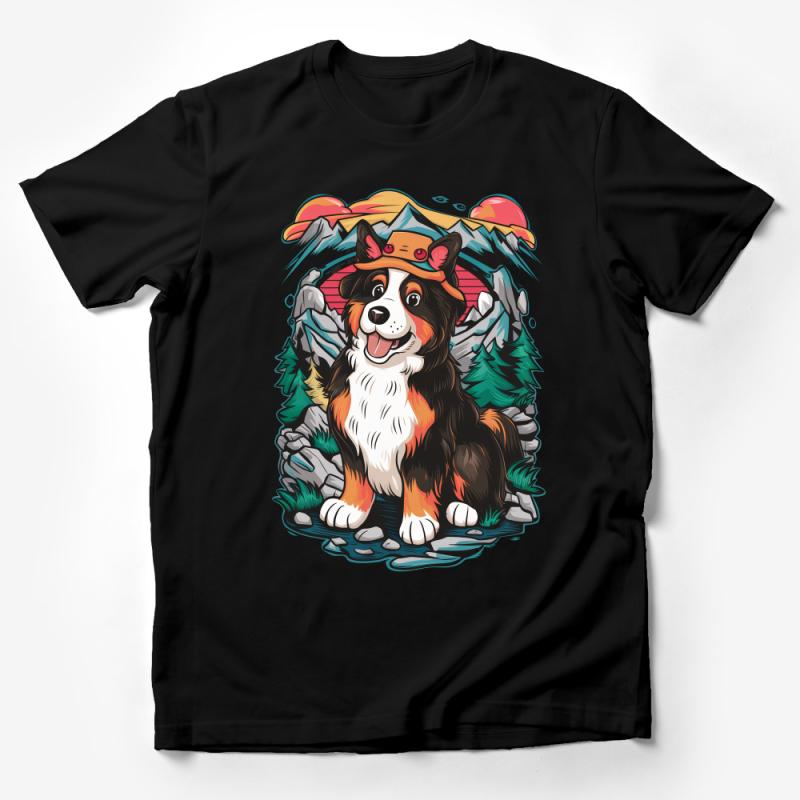 Outdoor Adventure Dog T-Shirt, Mountain Landscape Canine Illustration, Unisex Nature Hiking Graphic Tee, Animal Lover Gift Male T-Shirt