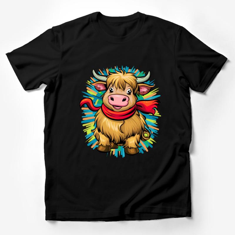 Cute Highland Cow T-Shirt, Adorable Cartoon Bull with Scarf, Kids and Adults Unisex Tee, Funny Animal Shirt, Casual Highland Cattle Top Male T-Shirt