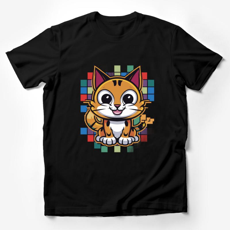 Cute Cartoon Cat T-Shirt, Colorful Pixel Art Kitten Tee, Unisex Graphic Tee for Cat Lovers, Casual Wear Male T-Shirt