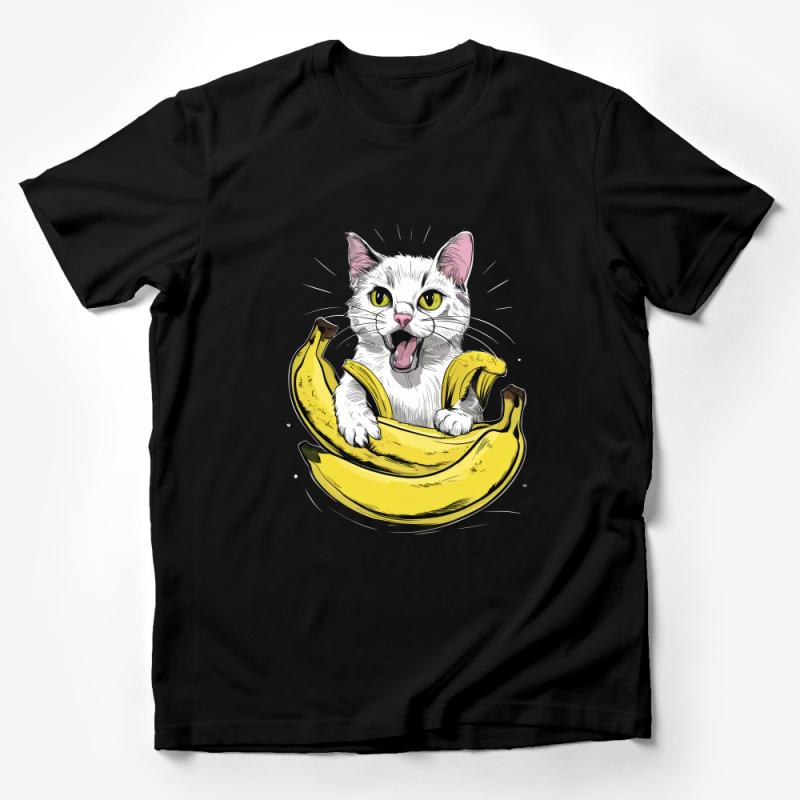 Funny Cat Banana T-Shirt, Cute Kitten Graphic Tee, Whimsical Cat Lover Gift, Unisex Casual Shirt, Playful Pet Illustration Top, Soft Cotton Male T-Shirt